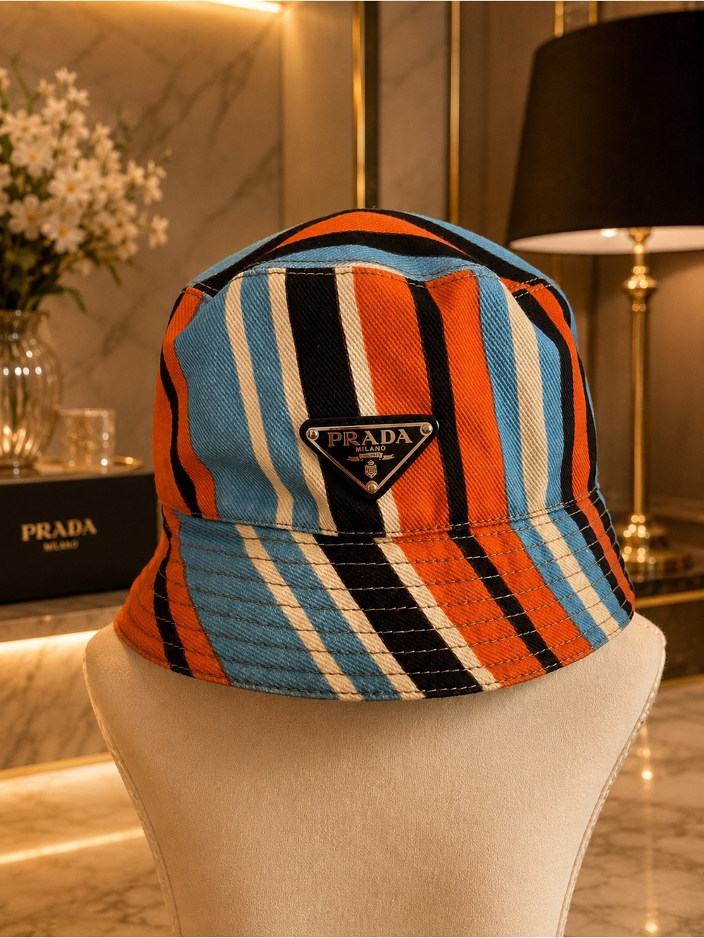 Prada Striped Canvas Bucket Hat Size M 58cm Made in Italy w/ Dust Bag Authentic